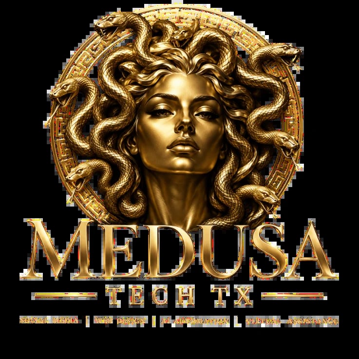 Medusa Tech TX logo featuring golden sculptured head with snakes for hair on circular Greek pattern background